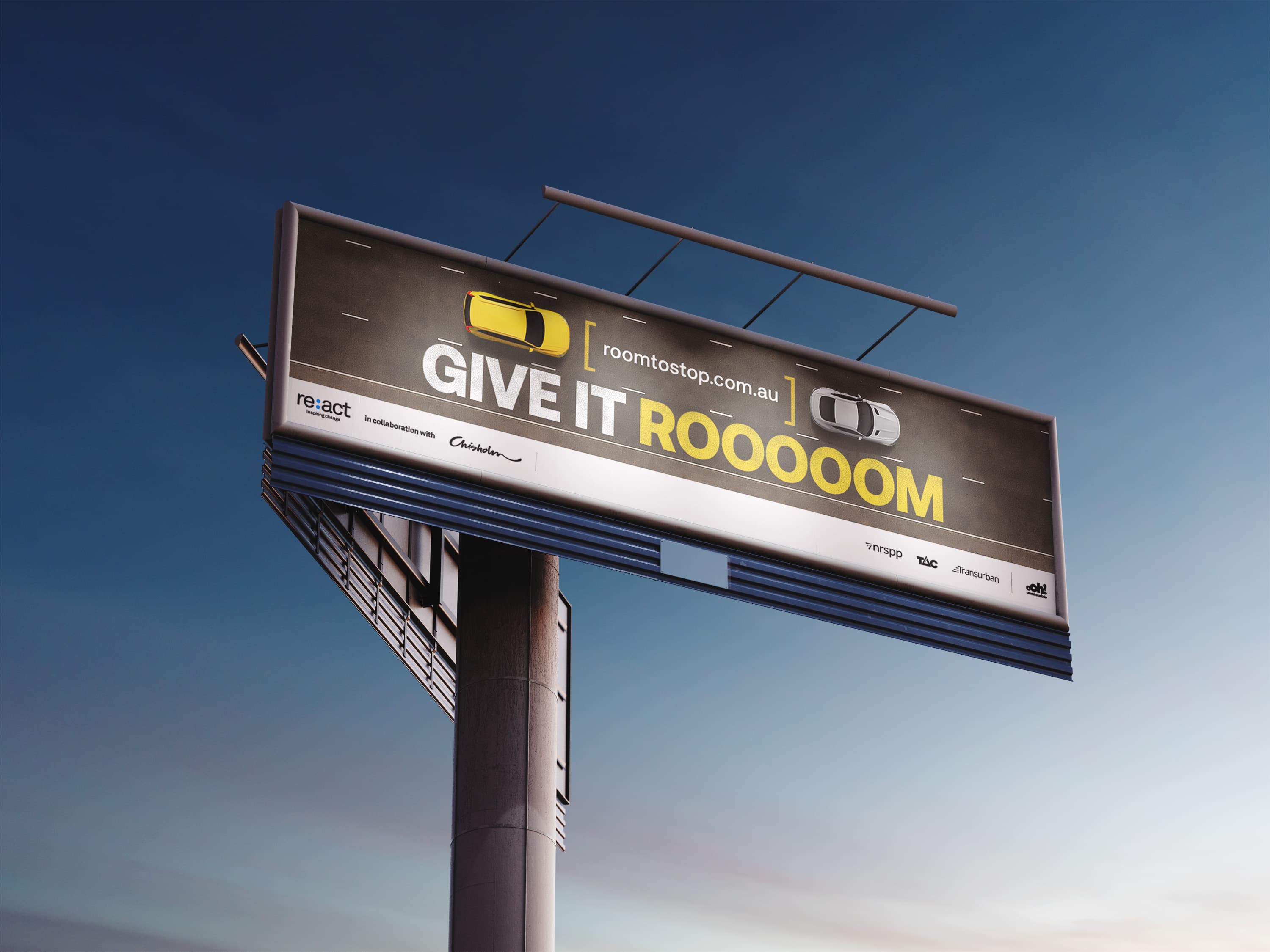 Billboard mockup of the Give It Room campaign, showing two cars separated by a gap and the headline “Give It Rooooom”.